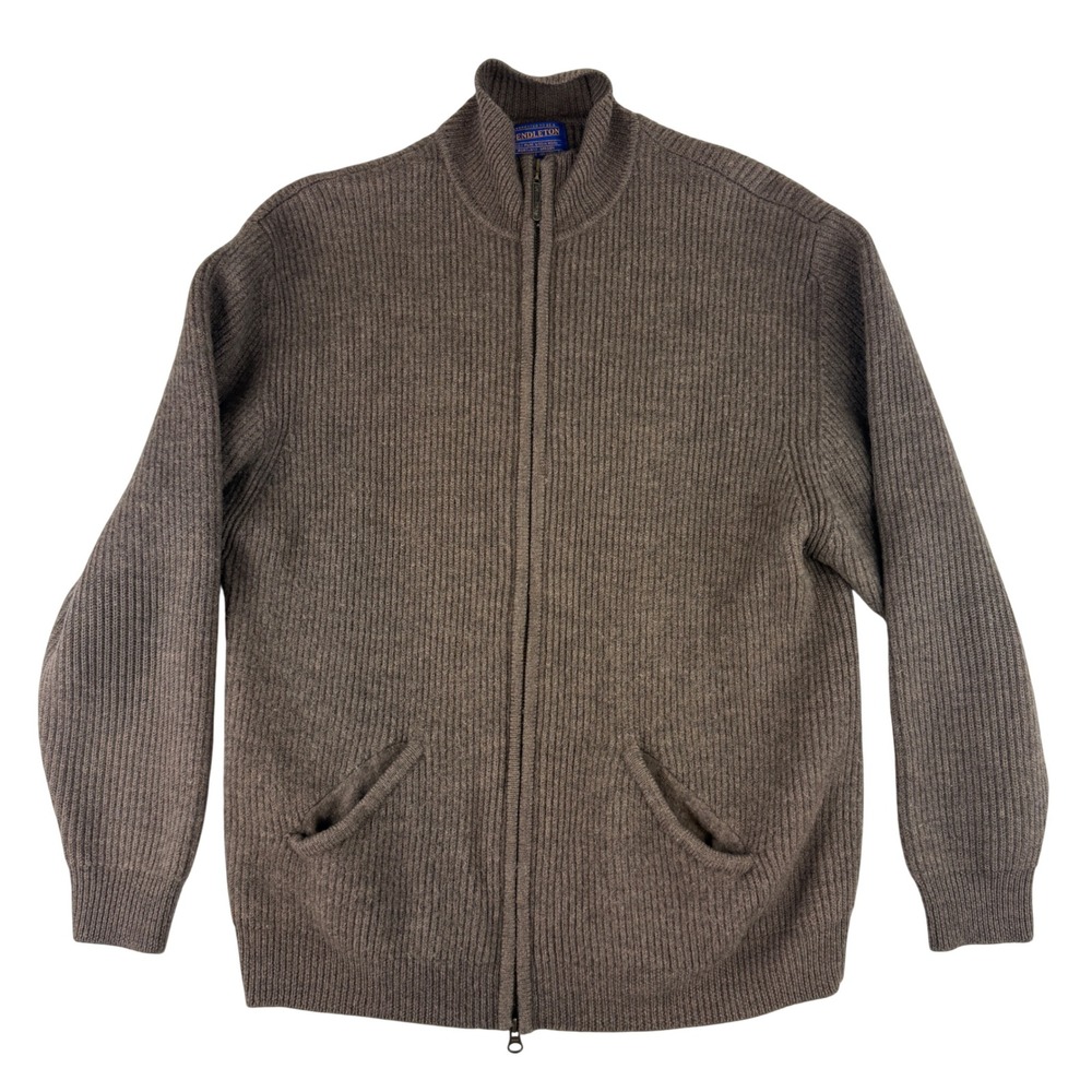 Pendleton Full Zip Cardigan Mens Large Brown 100% Merino Wool Ribbed Mock Neck